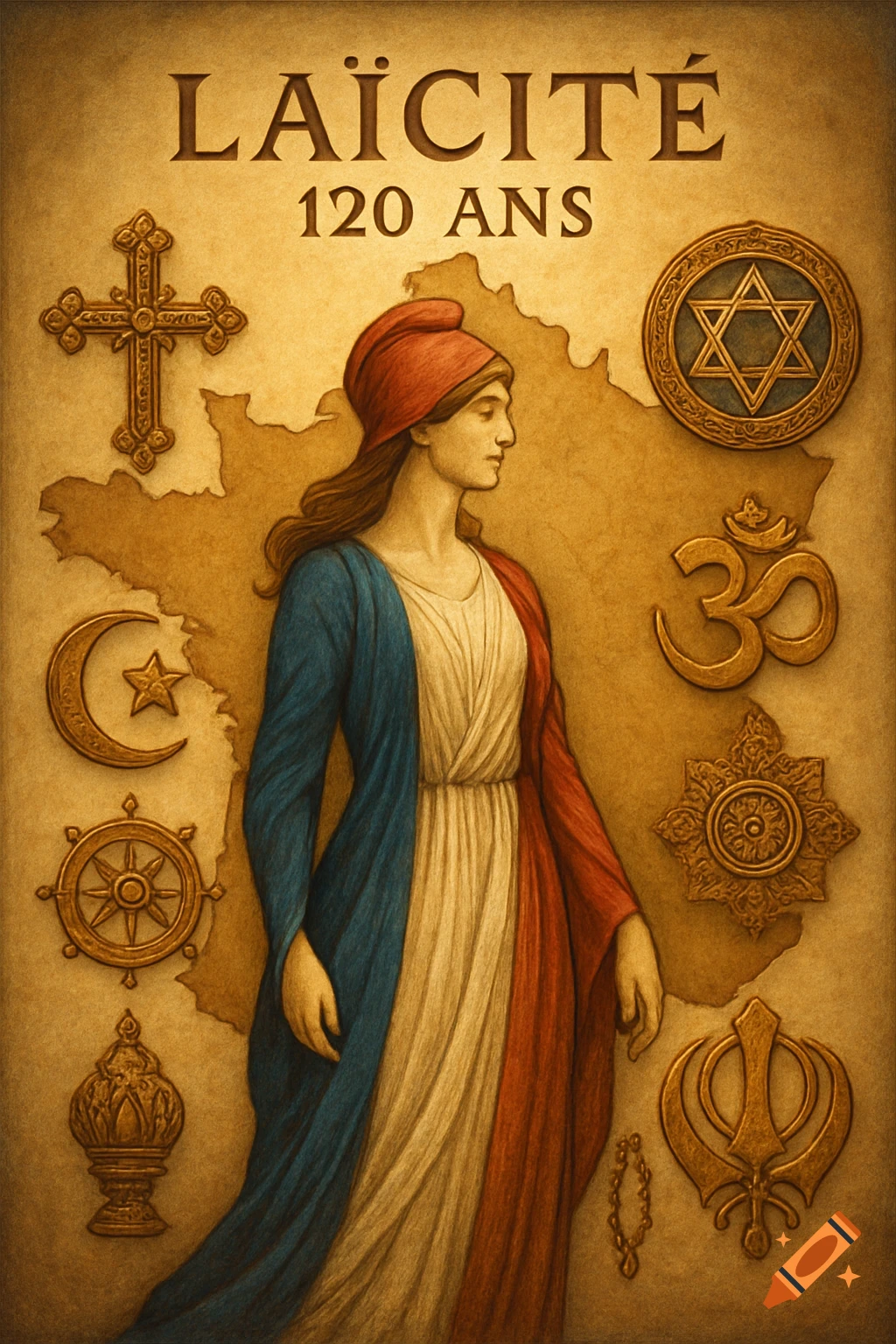 Allegorical illustration of French secularism with a woman in tricolor dress, map of France, and various religious symbols.