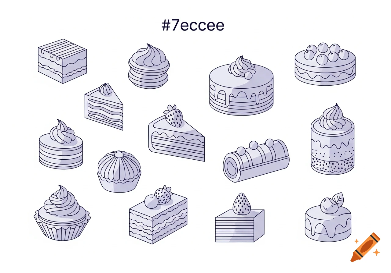 Minimal line-art vector illustrations of various cakes, cupcakes, and dessert slices with light purple shading on a white background.