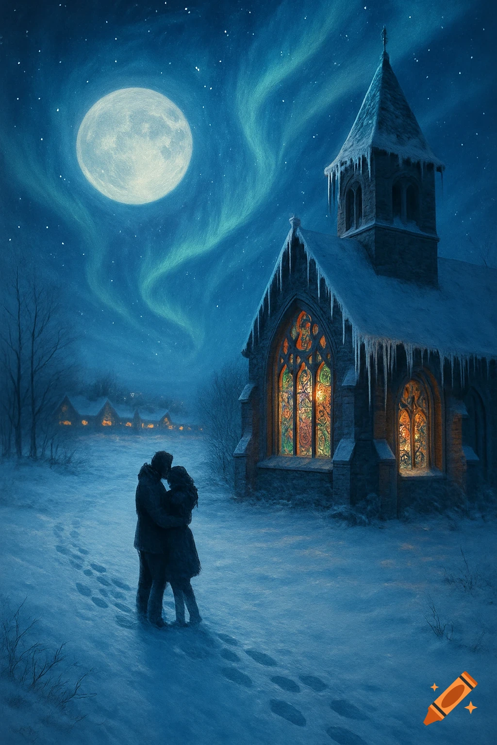 A couple embraces in a snowy landscape at night, with a full moon, aurora borealis, and an icy church.