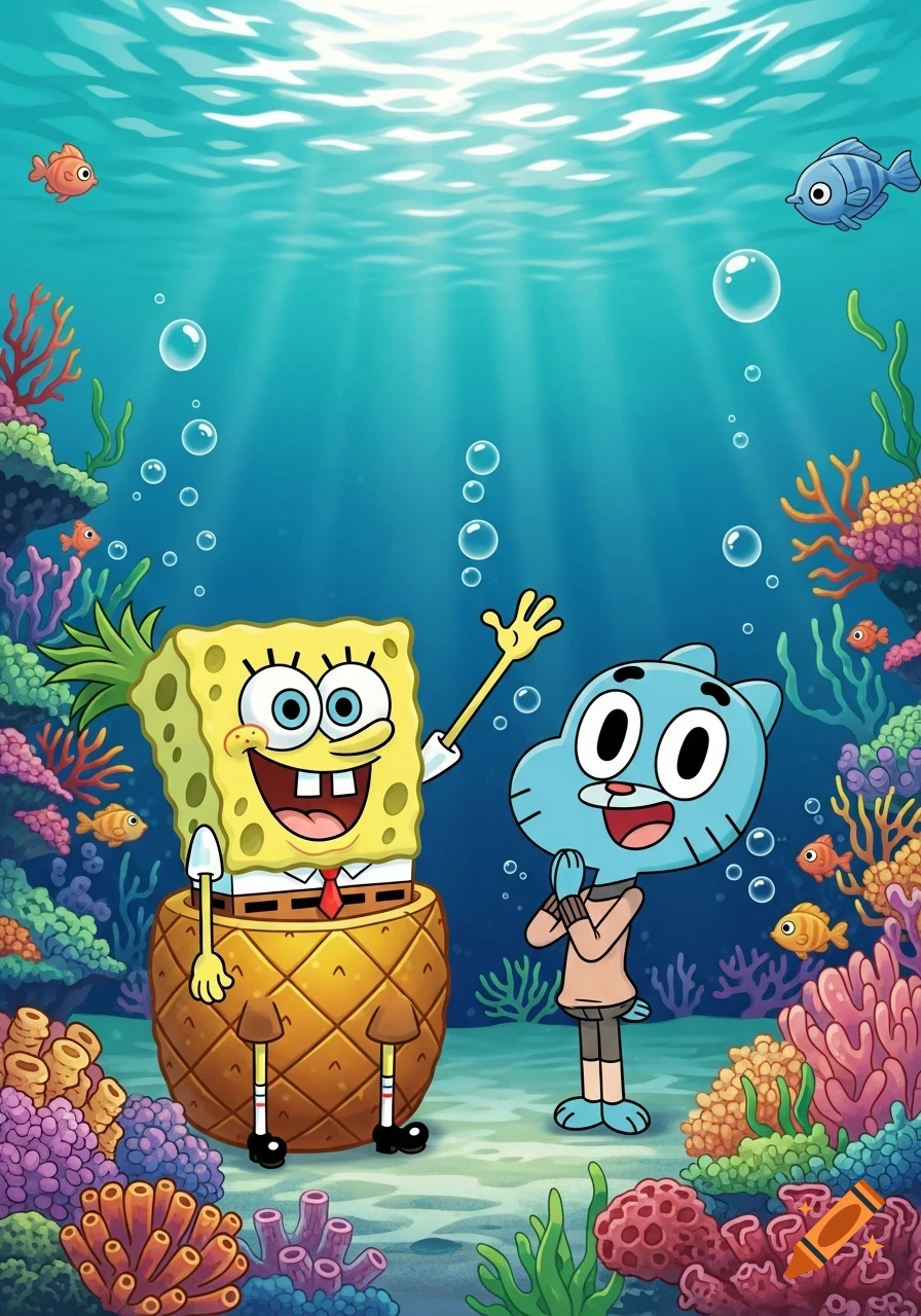 SpongeBob SquarePants stands in a pineapple next to Gumball Watterson underwater, surrounded by colorful coral and fish.