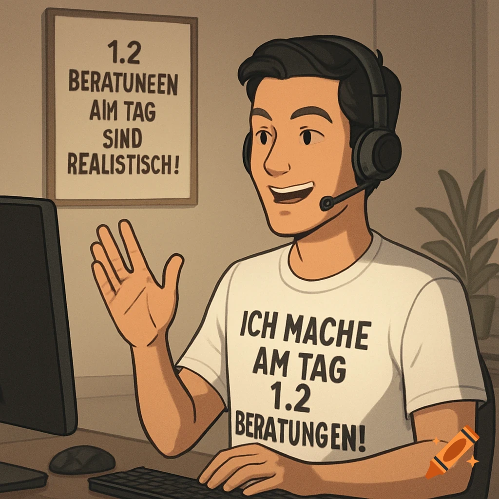 A cartoon man in a white t-shirt and headset sits at a desk with a computer, waving. Text on his shirt says, "I do 1.2 consultations a day!" A poster on the wall has text with errors.