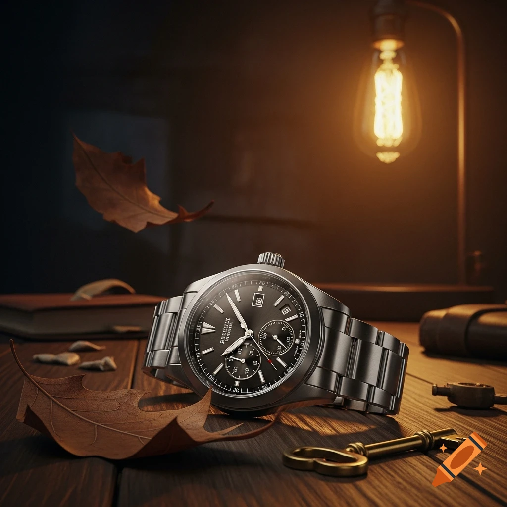 Close-up of a silver watch with a black face, surrounded by brown autumn leaves and a golden key on a wooden table, lit by a warm vintage light bulb.