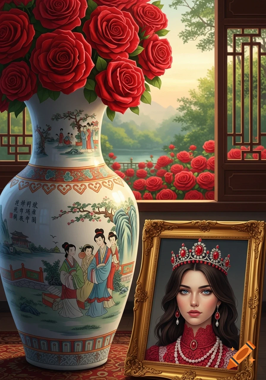 A large white Chinese vase filled with red roses next to a framed portrait of a woman wearing a crown, with a garden visible through a window in the background.