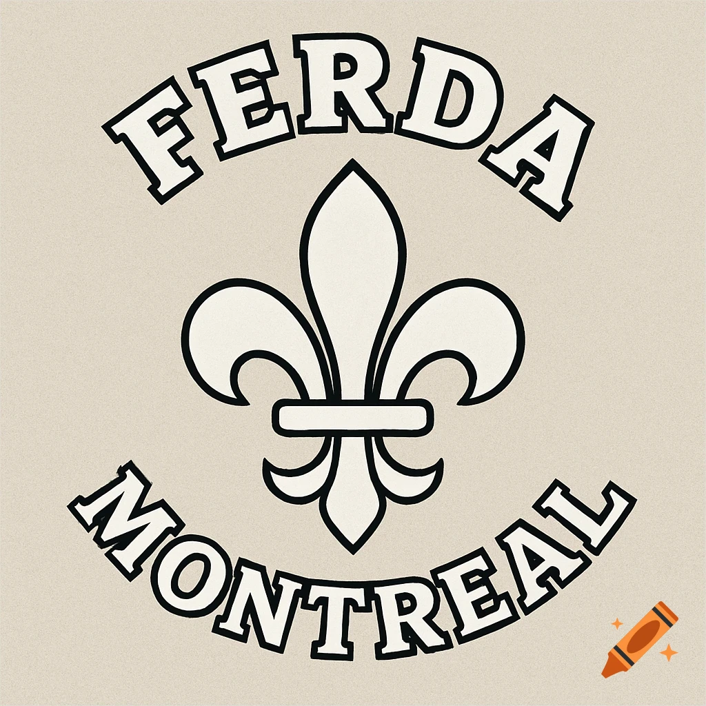 White fleur-de-lis with black outline, "FERDA" arched above, "MONTREAL" arched below, on a beige background.