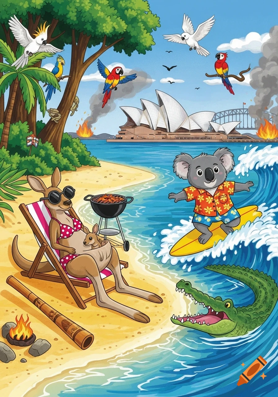 A colorful, humorous cartoon of Australian animals on a beach in Sydney, with the Opera House and Harbour Bridge in the background. A koala surfs a wave, a kangaroo in a bikini relaxes in a deck chair with a joey, and stylized bushfires burn in the distance.