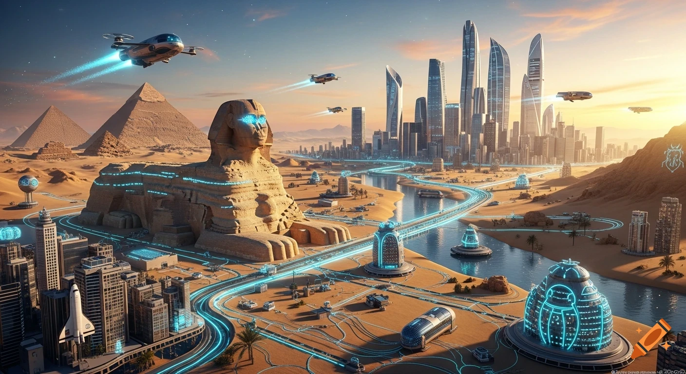 A futuristic Egyptian cityscape features glowing blue roads, flying vehicles, modern skyscrapers, and the Sphinx with LED eyes against a sunset sky.