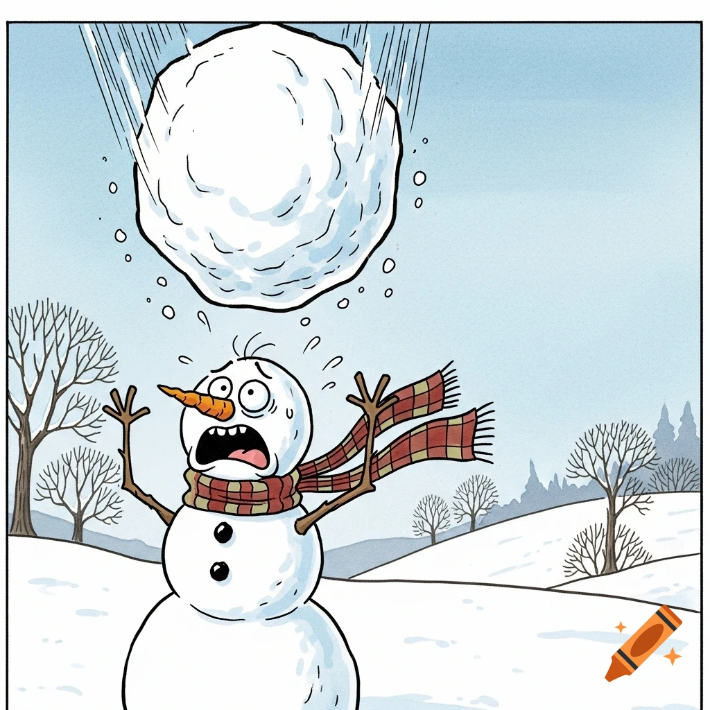 A cartoon snowman with a shocked expression looks up as a giant snowball falls towards its head in a snowy winter landscape.