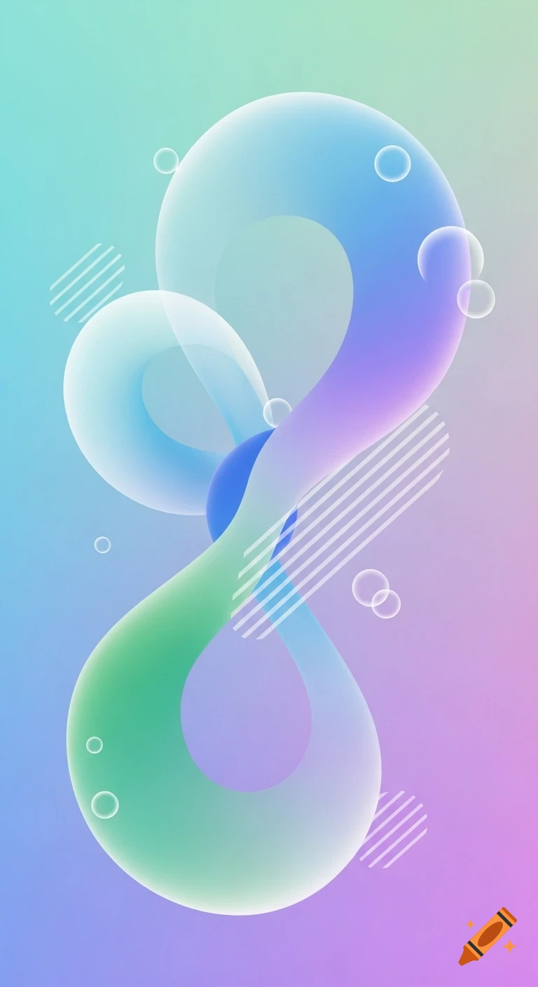 Abstract wallpaper with soft, flowing shapes in blue, green, and purple gradients, featuring subtle bubbles and white diagonal stripes.