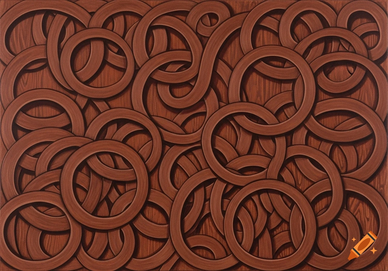 Abstract pattern of interwoven brown loops on a textured dark brown background.