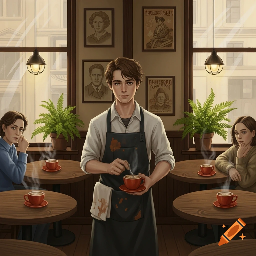 An anime-style image of a young male barista making coffee in a cafe, with two female customers seated at tables nearby.