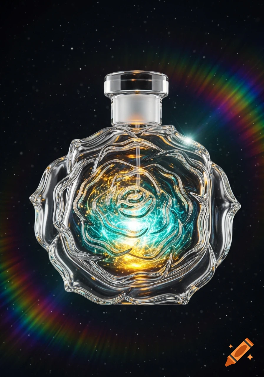 A clear glass bottle shaped like a rose with glowing teal and gold magical liquid inside, set against a dark starry background with rainbow light flares.