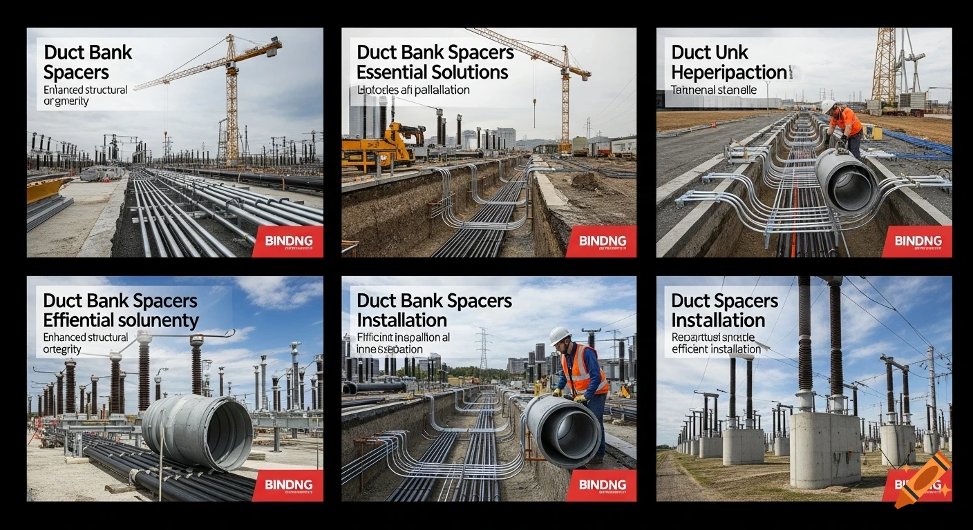 A collage of six images showing various stages of underground electrical and utility infrastructure construction with duct bank spacers, featuring workers, cranes, and concrete foundations.