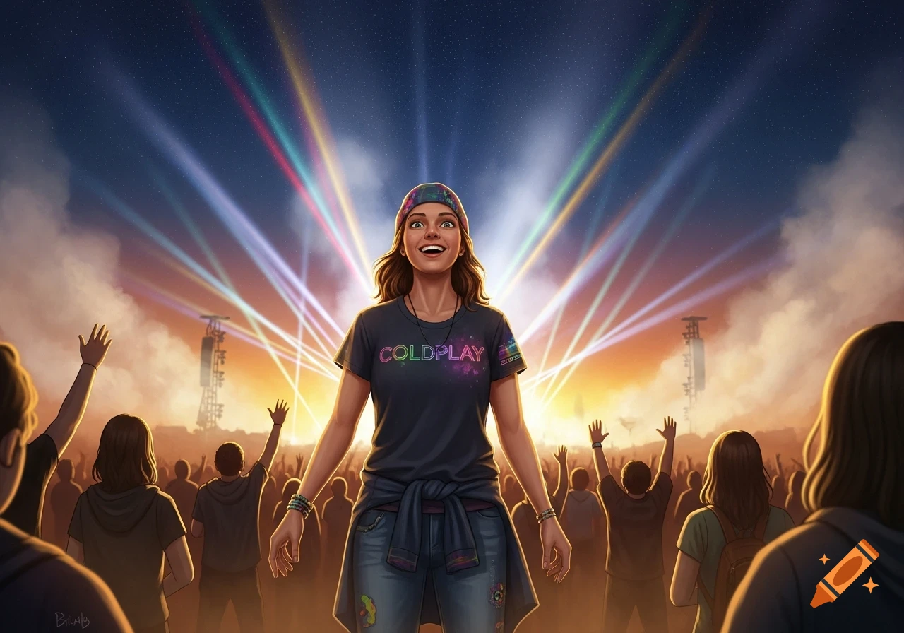 A happy woman in a Coldplay t-shirt smiles broadly at a concert, surrounded by a cheering crowd and vibrant stage lights.