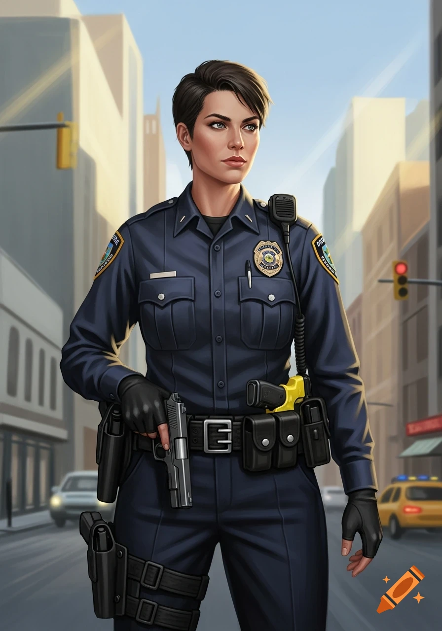 A short-haired female police officer in a dark blue uniform holds a handgun while standing in a city street. Digital art style.