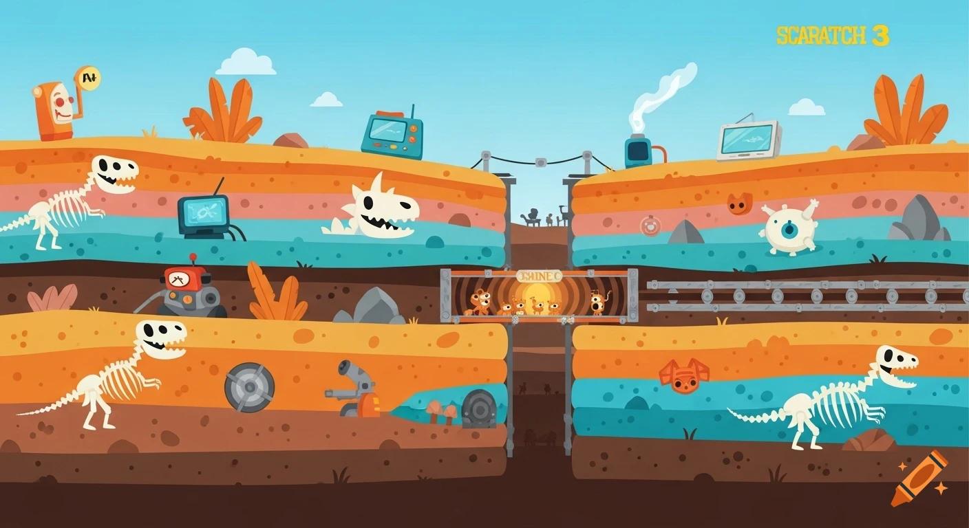 A 2D cartoon illustration showing a cross-section of an underground mine with colorful earth layers, dinosaur skeletons, robots, and mining equipment.