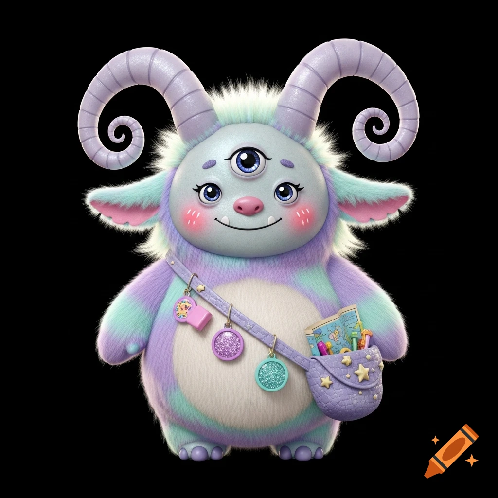 A friendly, fluffy monster with pastel purple and mint green stripes, three blue eyes, and spiral horns carries a purple star-decorated shoulder bag.