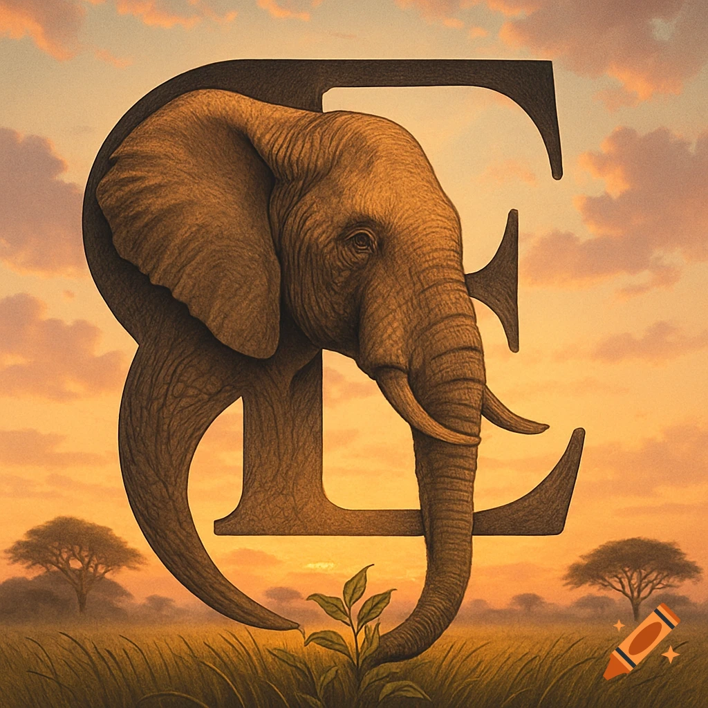 A detailed illustration of an elephant head and trunk forming the letter E, against a sunset savanna with acacia trees.