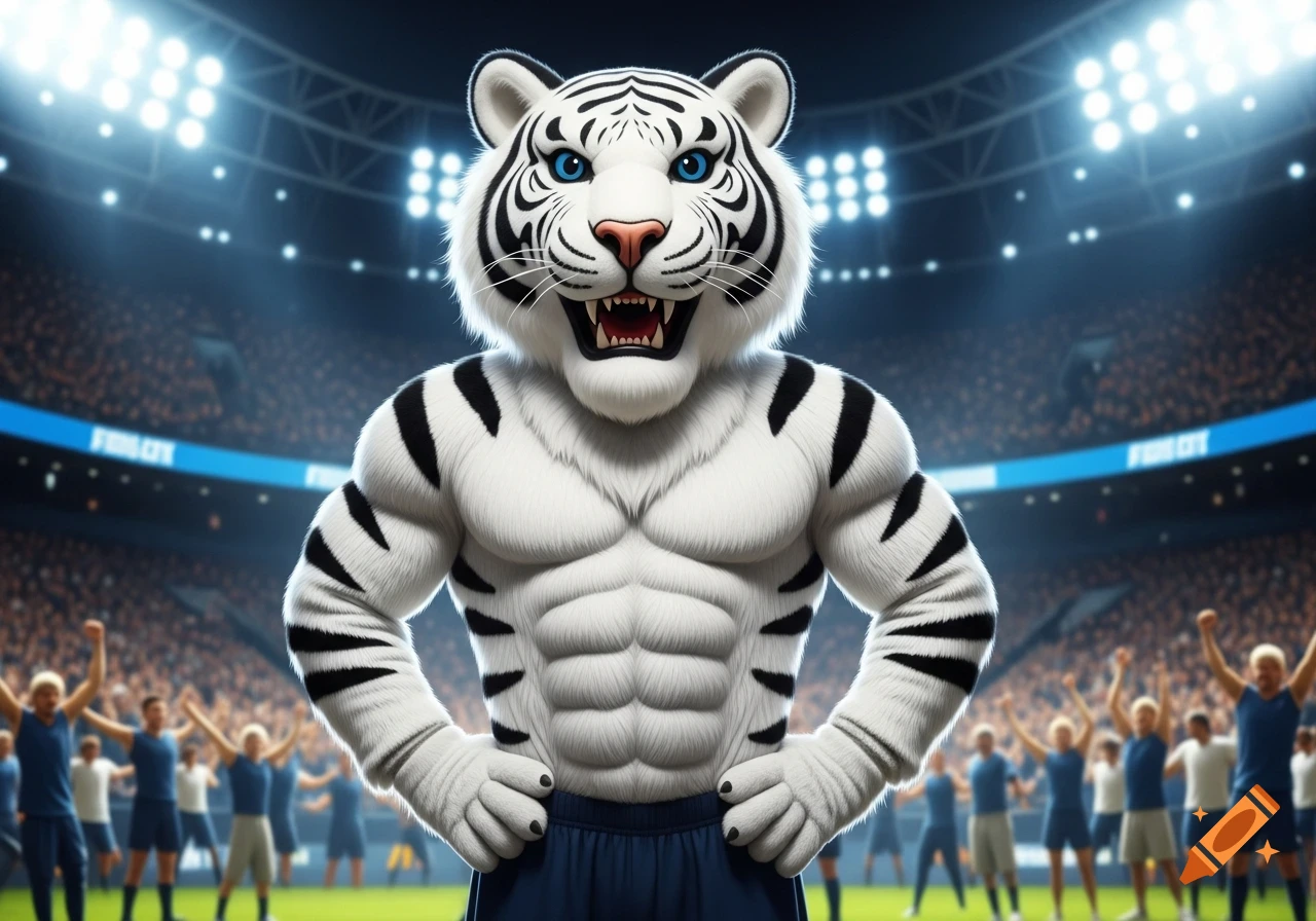 A muscular white tiger mascot with blue eyes stands confidently in a brightly lit sports stadium filled with a cheering crowd.