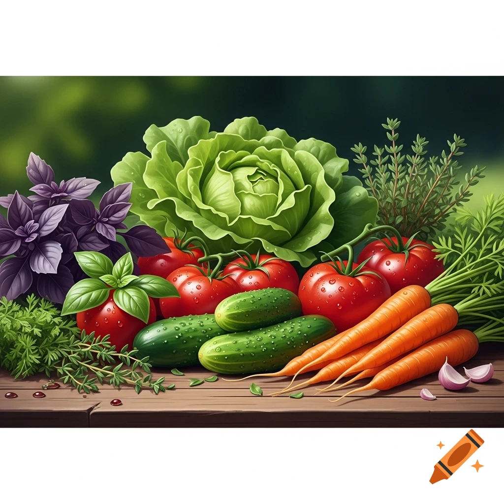 A vibrant arrangement of fresh vegetables including cabbage, tomatoes, cucumbers, carrots, and herbs on a wooden table.