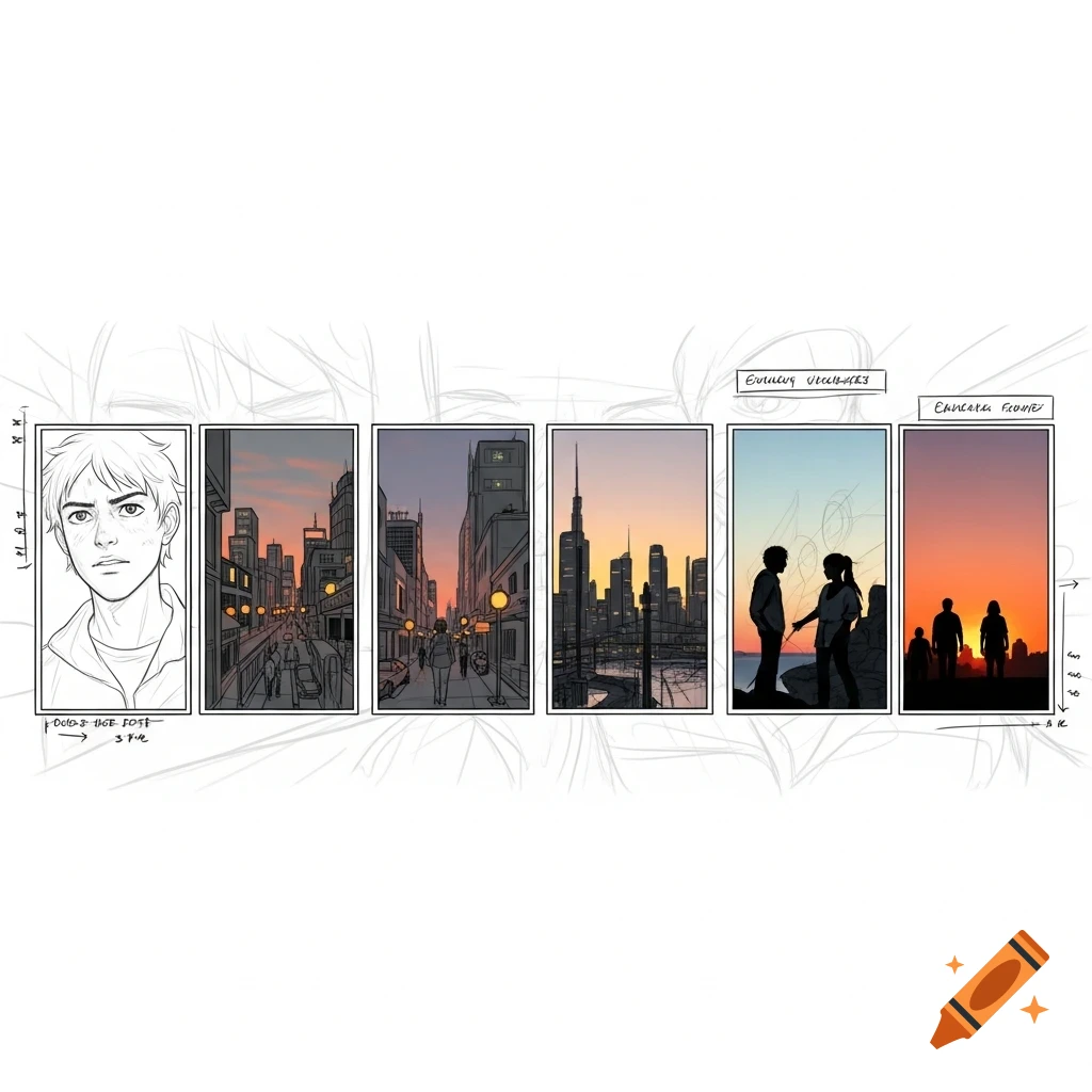 A comic art storyboard showing a young man, cityscapes at sunset, and silhouetted figures.