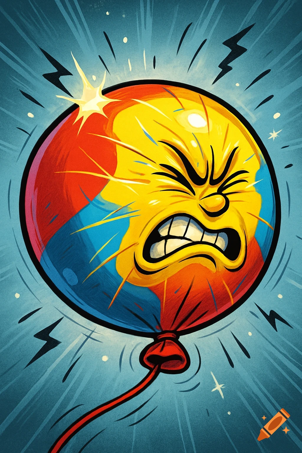 A vibrant cartoon balloon, colored red, yellow, and blue, with a strained, angry face against a radiating blue background.
