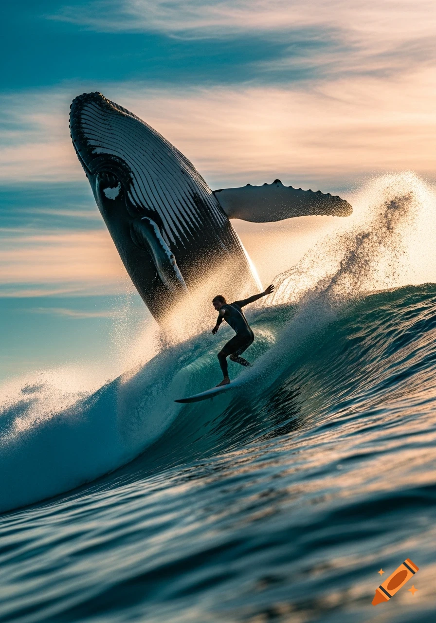 A photorealistic image of a surfer riding a large wave as a humpback whale breaches out of the water behind them at sunset.