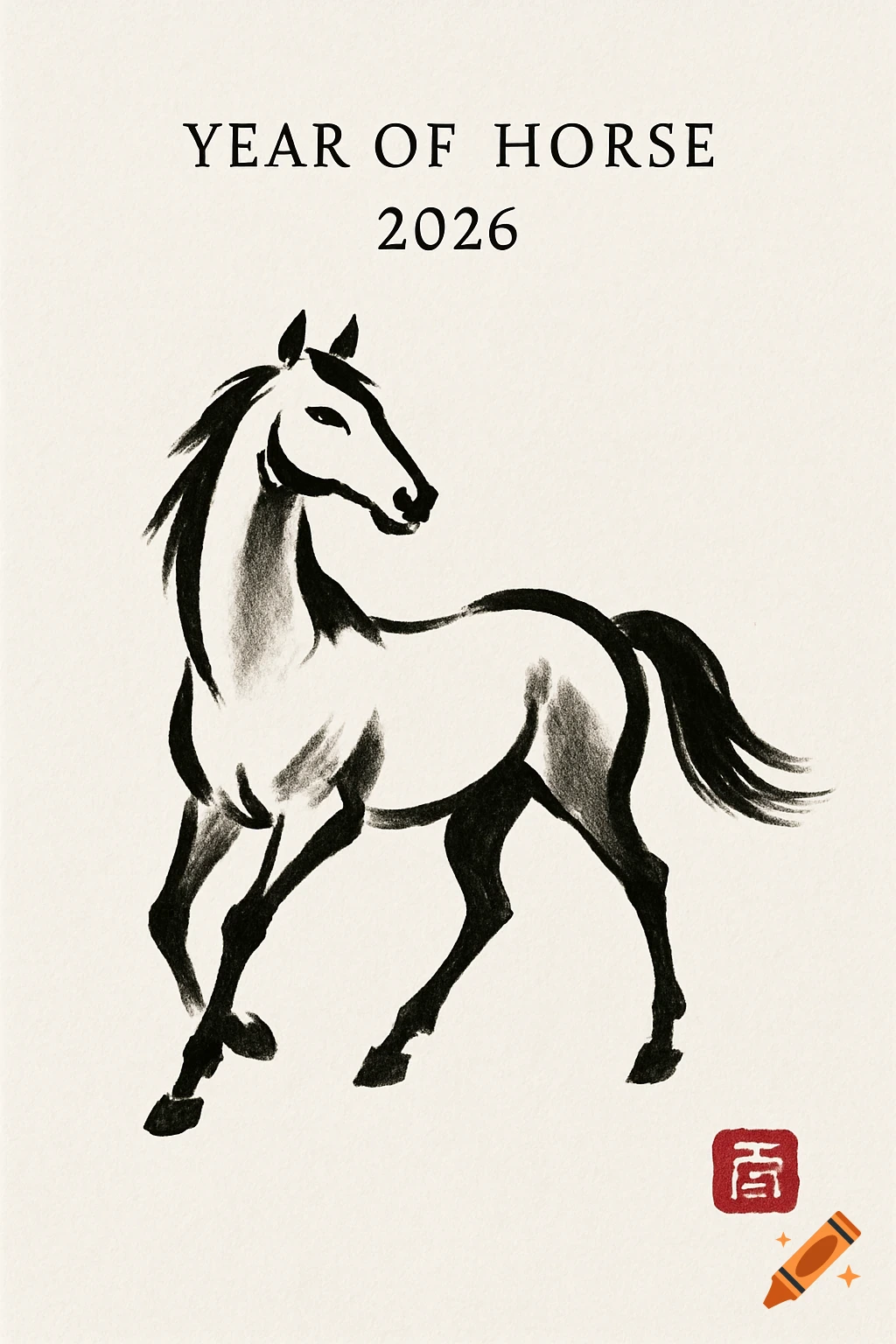Minimalist Japanese sumi-e illustration of a black horse on a white background with text 'YEAR OF HORSE 2026' and a red stamp.