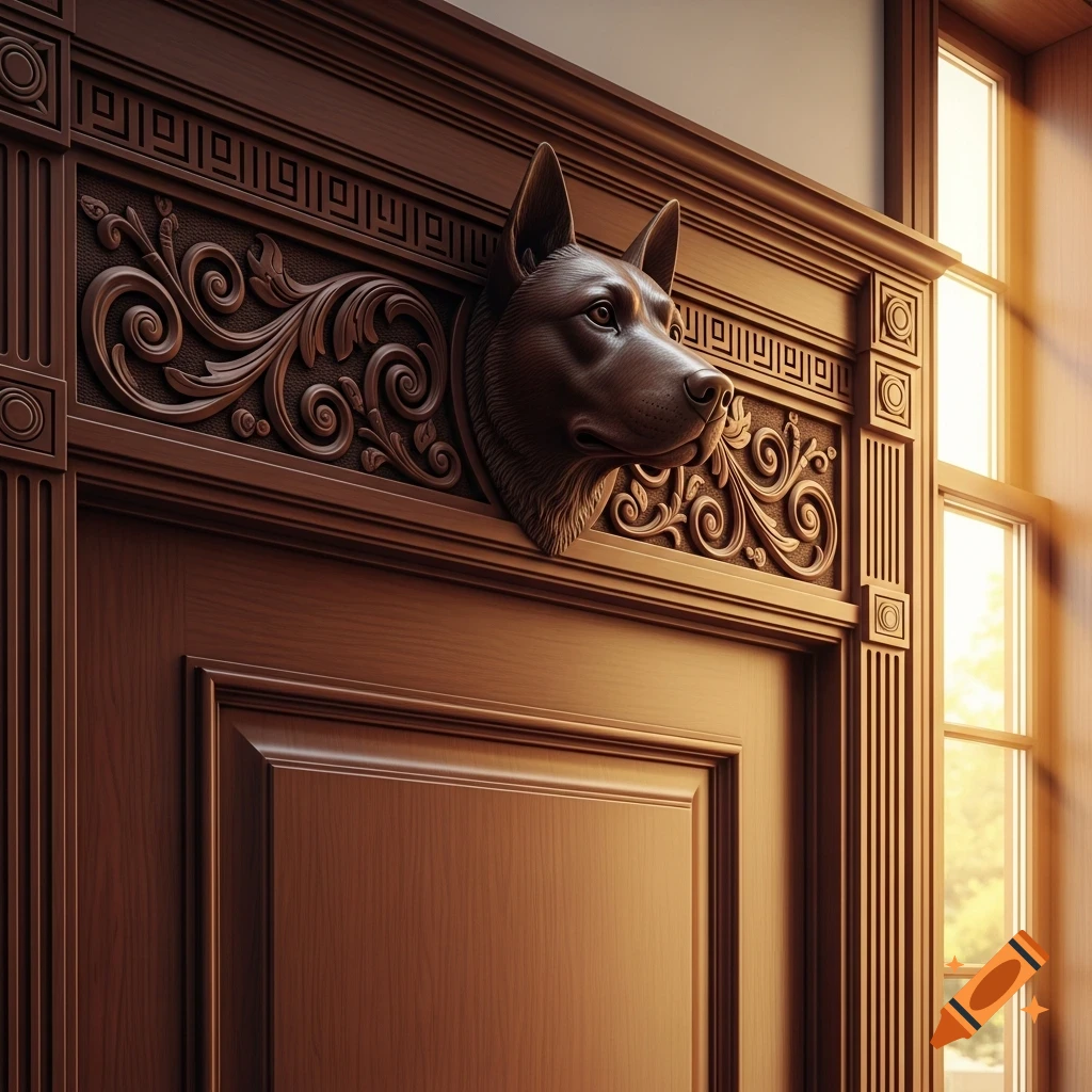 Detailed wooden doorframe featuring a carved dog head, illuminated by sunlight from a window, photorealistic style.