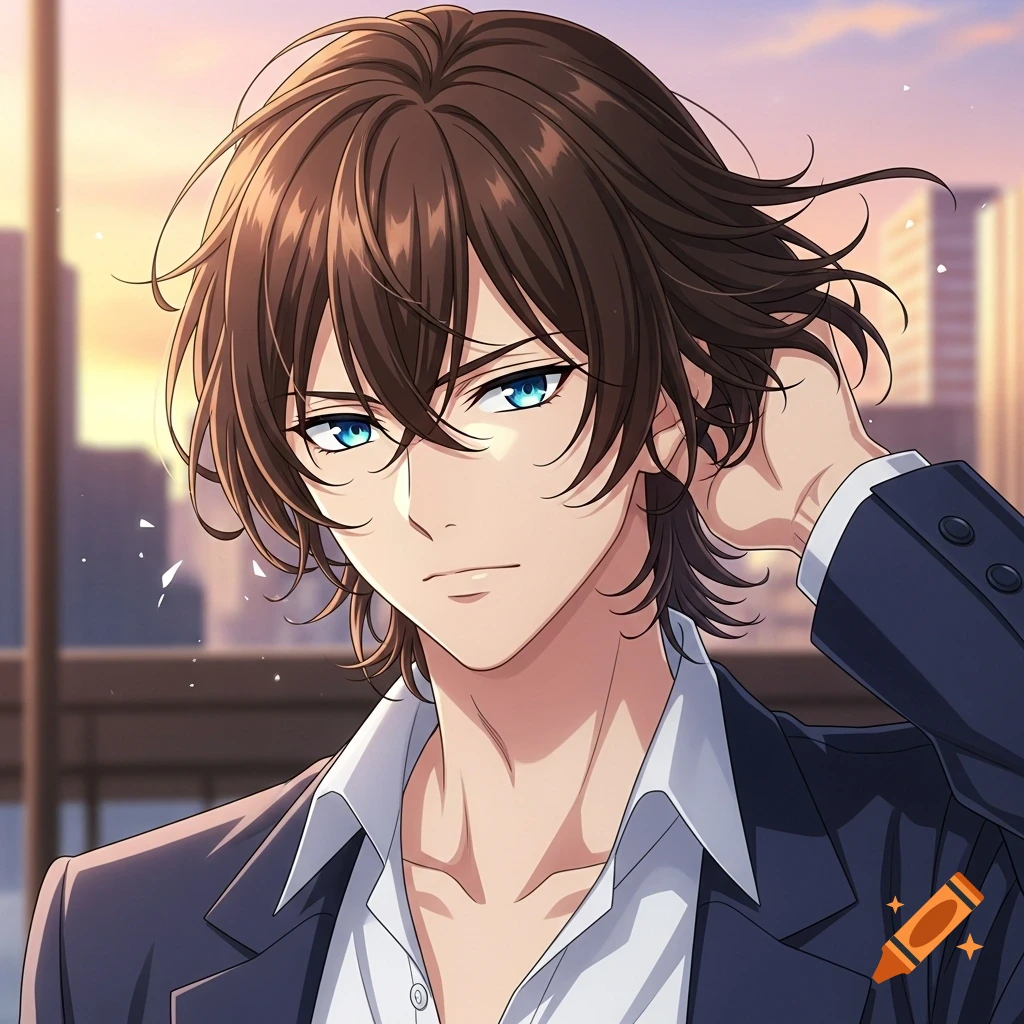 Anime style portrait of a brown-haired man with bright blue eyes, wearing a suit jacket over an open-collared shirt, against a city sunset.