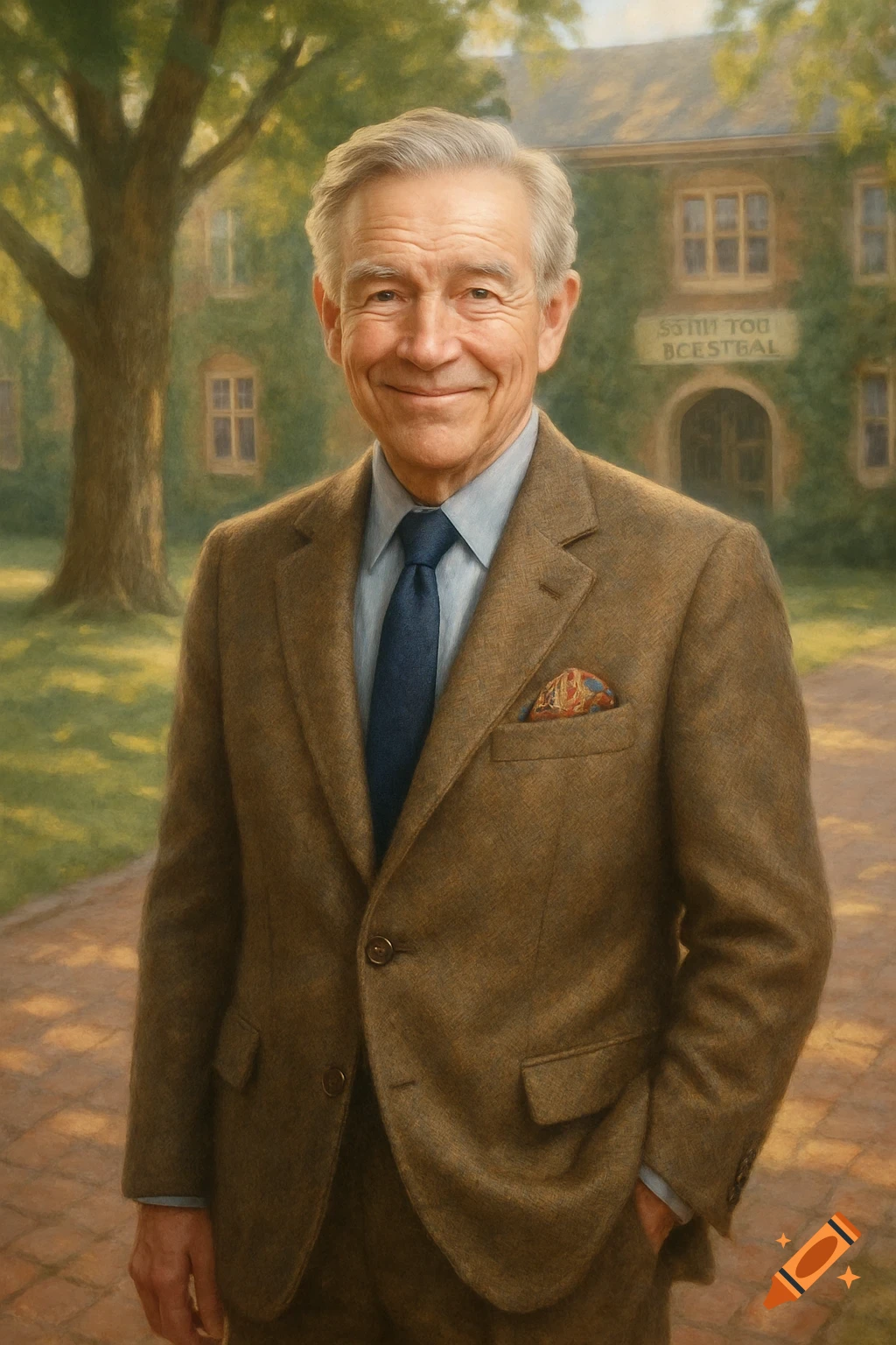 Smiling older man in a brown suit stands before an ivy-covered college building and tree, painted style.