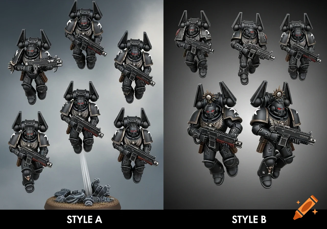 Ten black armored Space Marine miniatures with jump packs and rifles, split into two styles labeled 'A' and 'B'.