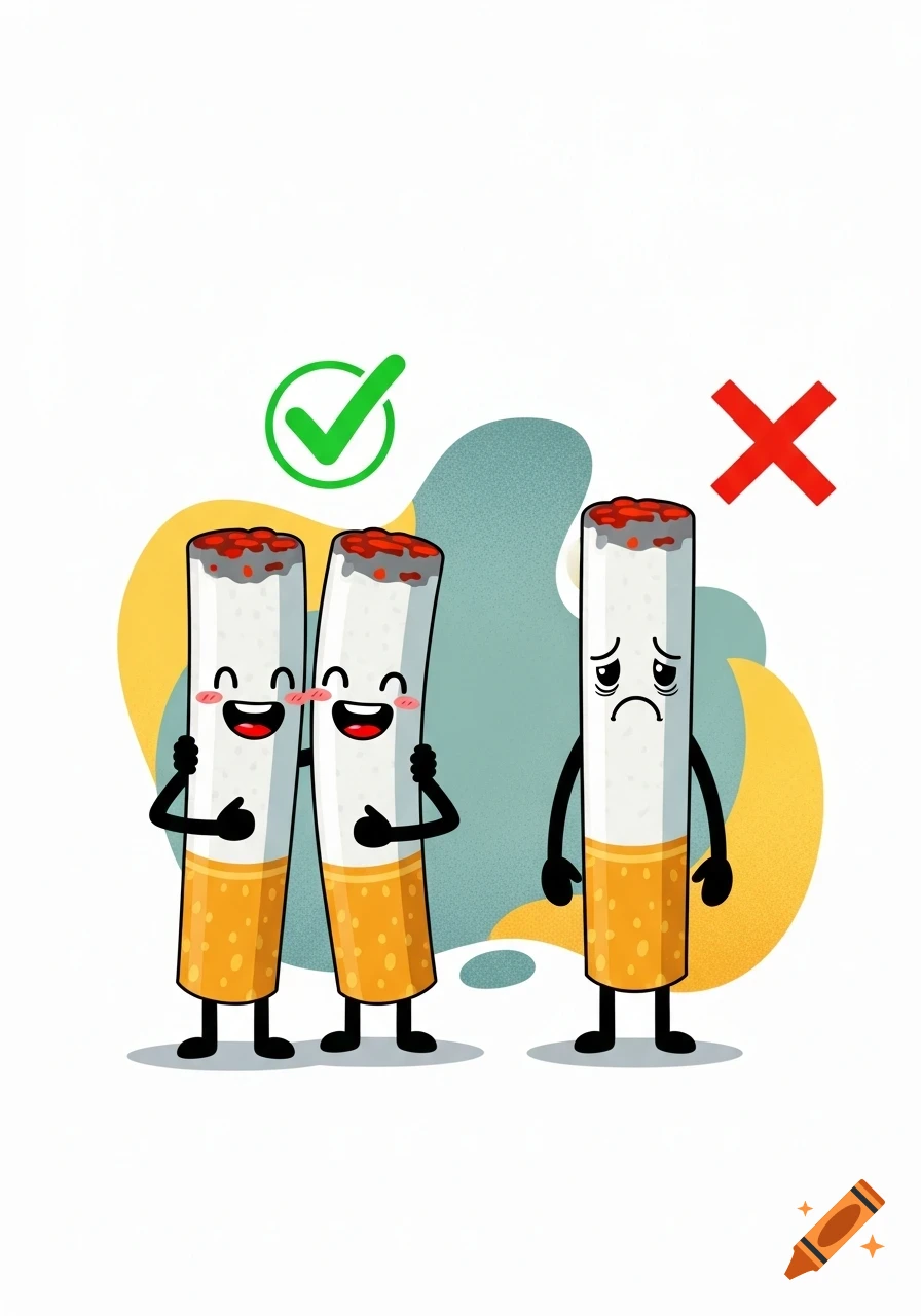 Cartoon illustration of two happy cigarettes under a green checkmark and one sad cigarette under a red X.