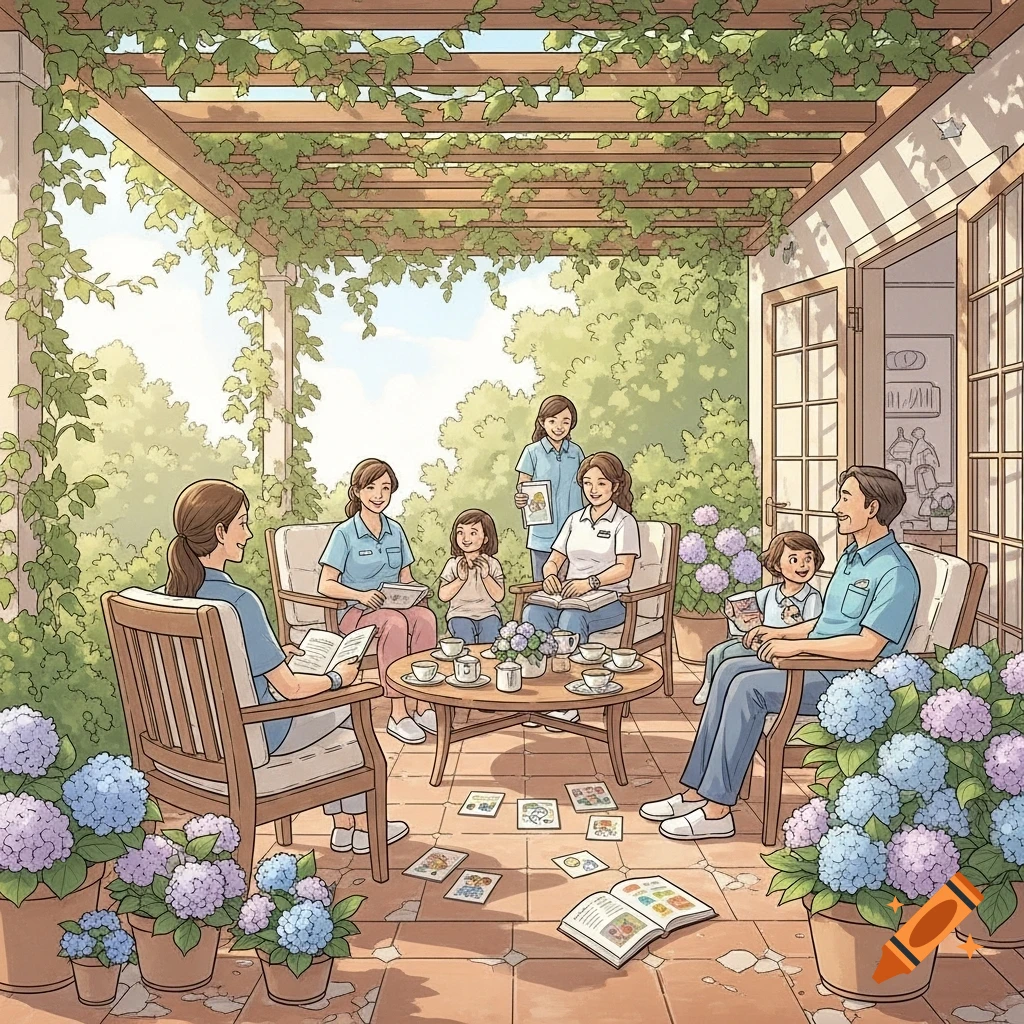 Modern illustration of families and caregivers relaxing on a veranda with greenery and hydrangeas, sharing stories.