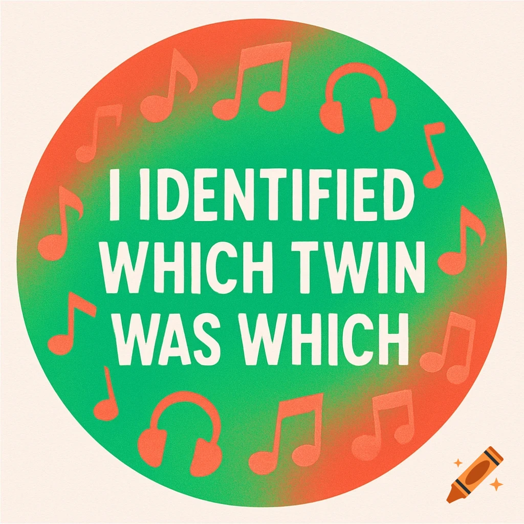 A circular badge with a green and orange gradient background, white text 'I IDENTIFIED WHICH TWIN WAS WHICH', and orange musical notes and headphones.