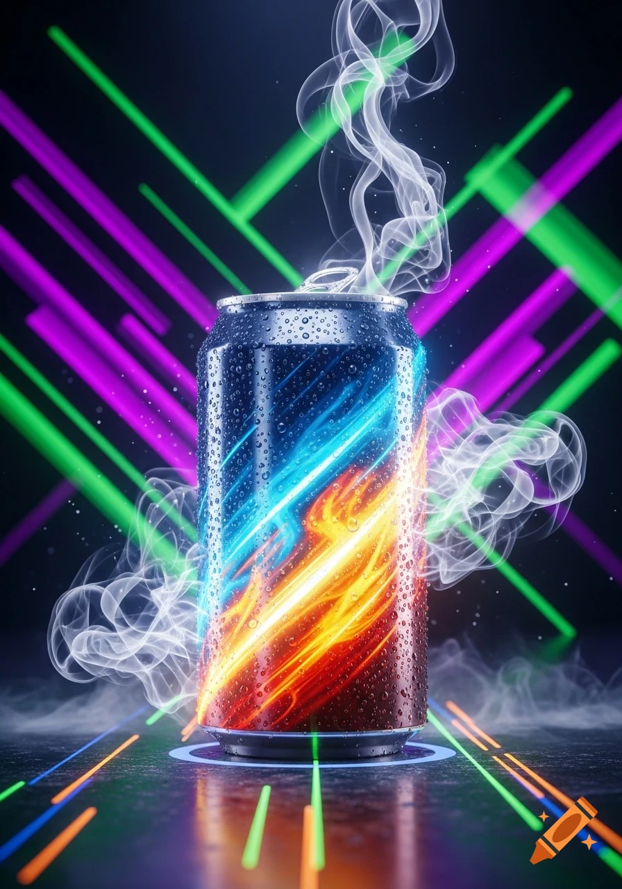 A condensation-covered energy drink can glowing with blue, orange, and red light, surrounded by smoke and neon lines.