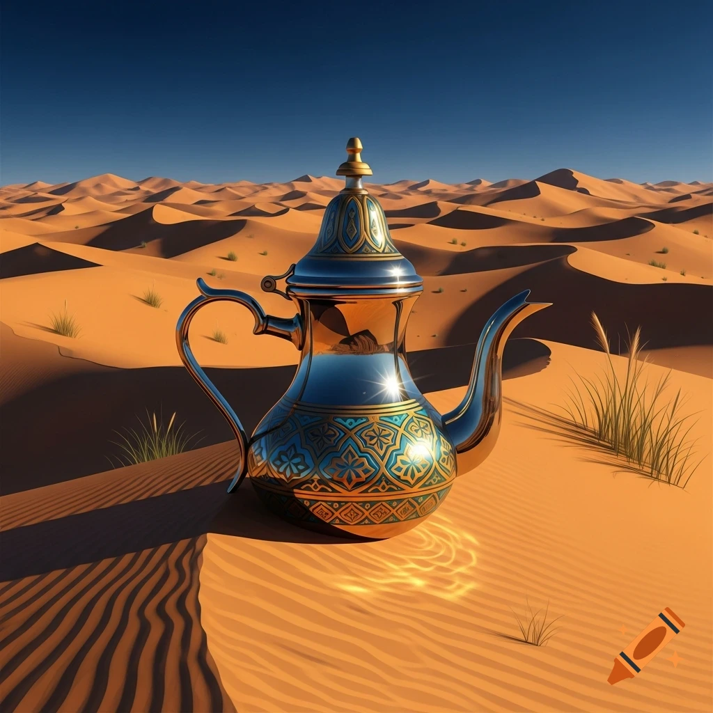 Photorealistic image of an ornate, reflective Arabian teapot on a sand dune in the Sahara desert.