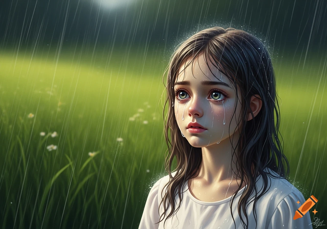 A stylized portrait of a young girl with large green eyes, crying with tears streaming down her face, standing in the rain against a blurred green field.