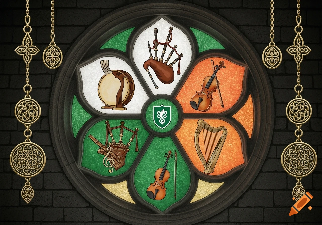 A stained glass window in green, white, and orange, depicting Irish musical instruments and Celtic knotwork.