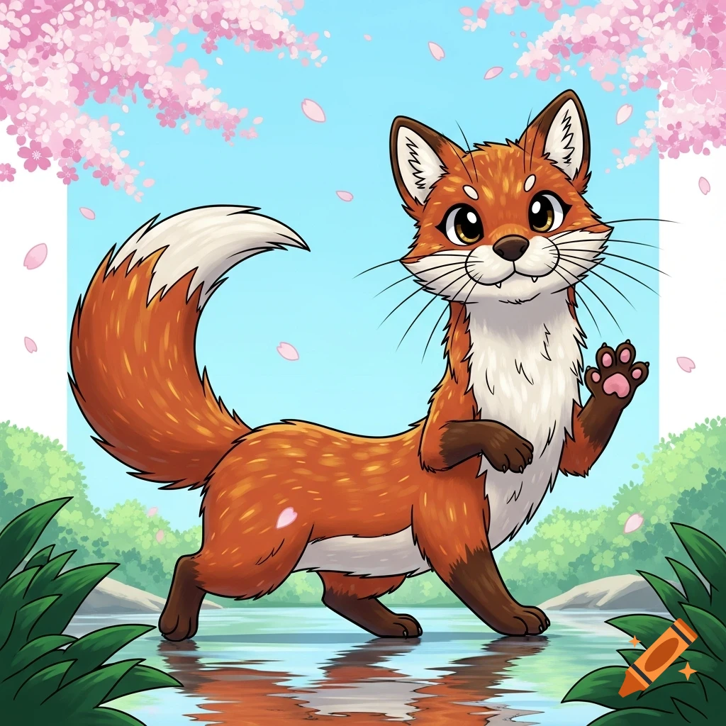 A cute, cartoon fox-otter hybrid stands in shallow water, with cherry blossoms and green foliage in the background.