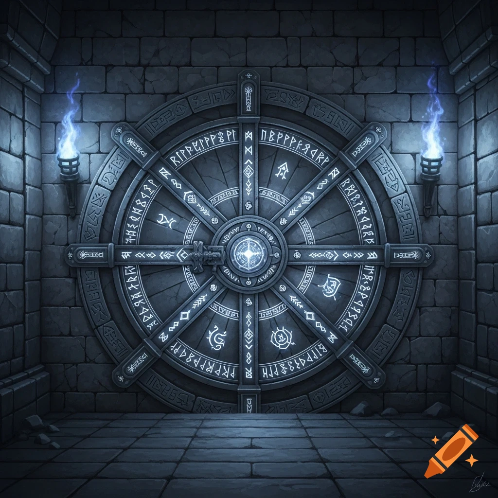 A large, ornate stone vault door with glowing runes and handles, flanked by two blue torches in a dark, brick-walled dungeon.