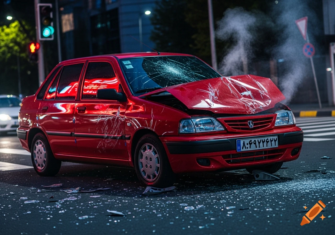 A red car with a shattered windshield and crumpled hood after an accident on a city street at night, with broken glass on the road.