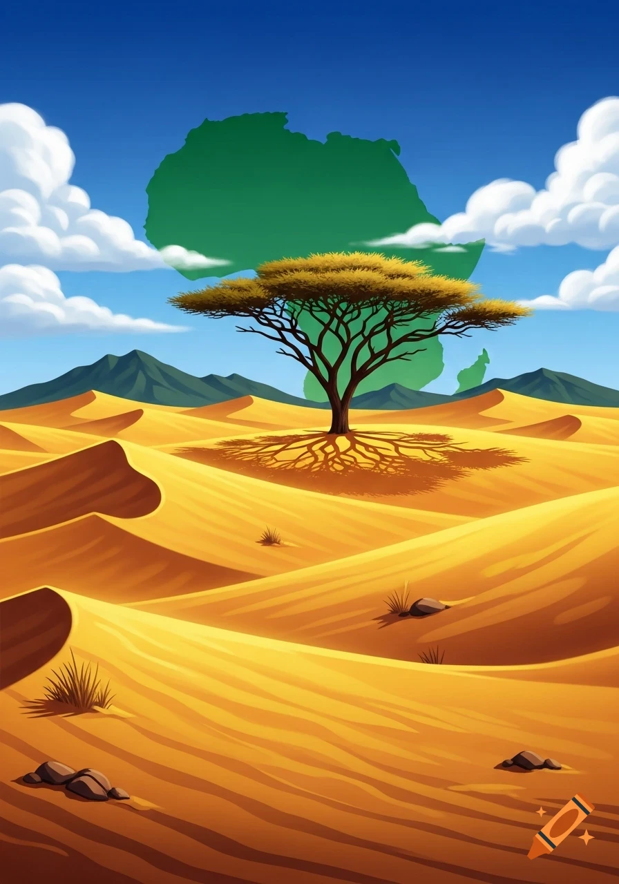 Illustrative desert scene with an acacia tree, sand dunes, and mountains. A green Africa silhouette floats in the blue sky with white clouds.