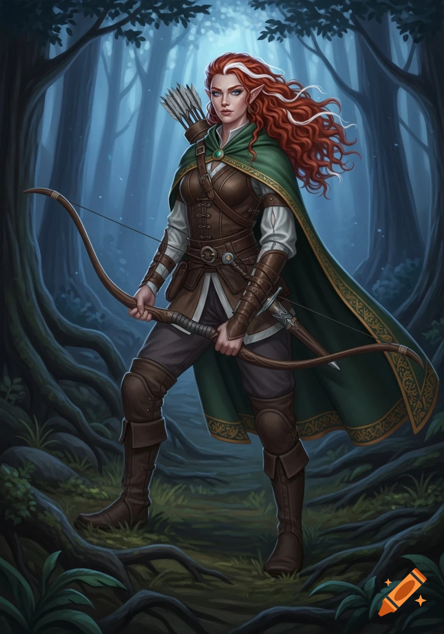 Female elf archer with red and white curly hair, wearing medieval clothing and a green cloak, holding a bow in a dark forest.