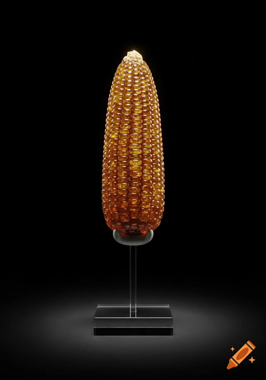 A glistening amber ear of corn artifact displayed on a clear glass stand with a black background and a yellowish spotlight.