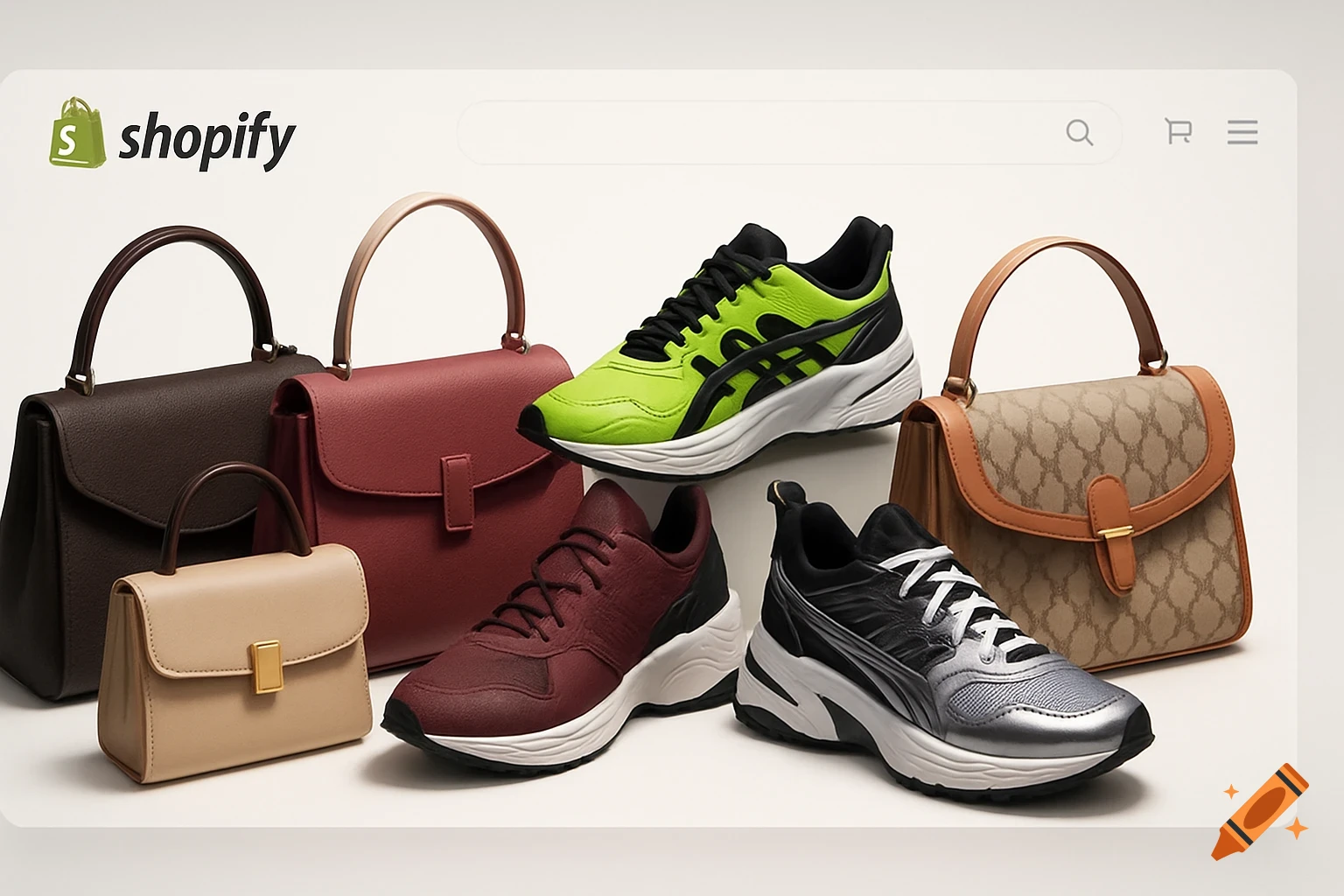 A photorealistic display of various handbags and sports shoes on a white surface, with a Shopify interface overlay.