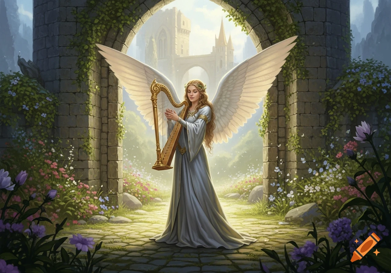 A winged angel in a flowing gown plays a golden harp under a stone archway, surrounded by flowers, with a castle in the background.