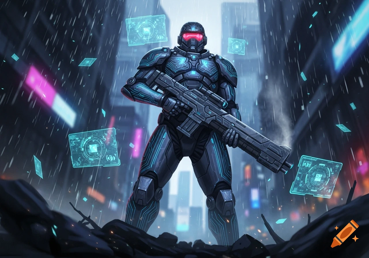 Dark armored futuristic soldier with glowing blue lines and red visor, holding a rifle in a rainy, neon-lit cyberpunk city with holograms.