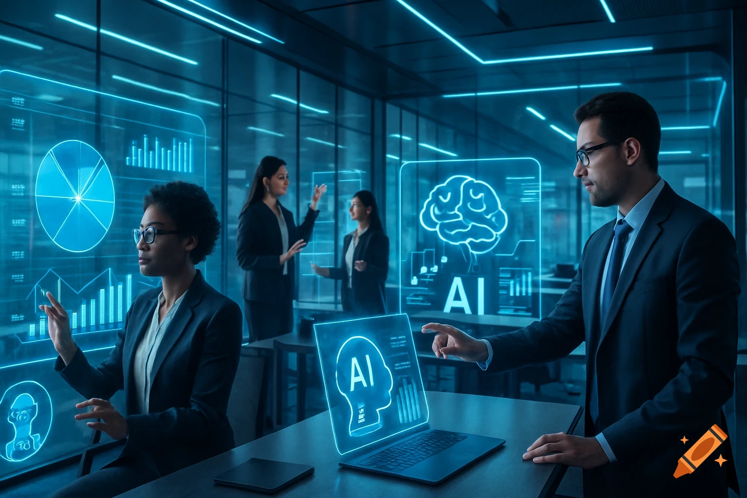 Professionals in a futuristic office collaborate with holographic AI displays, charts, and digital screens, featuring blue neon accents. Photorealistic.