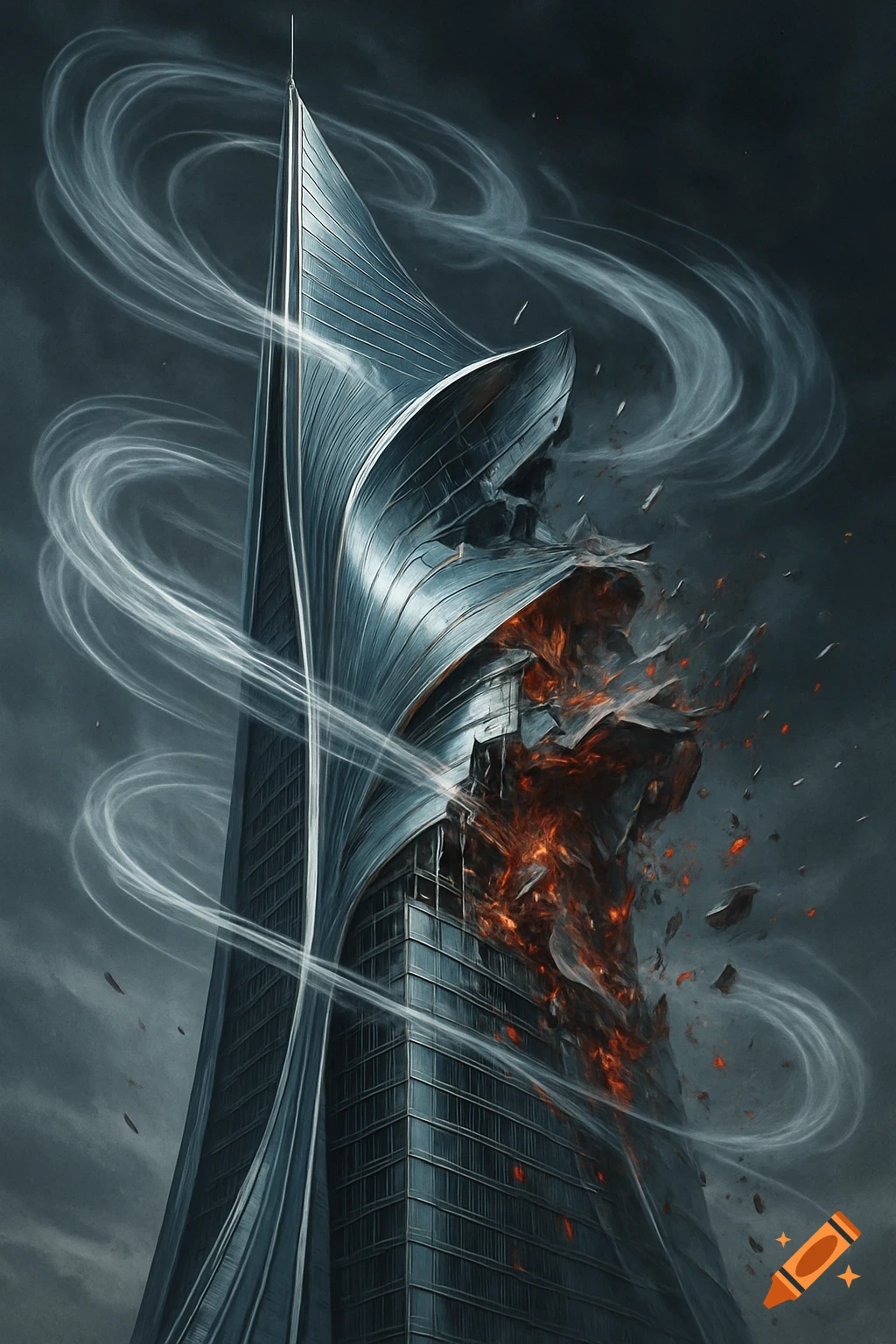 A modern skyscraper with a silver, flowing facade crumbles explosively, engulfed in orange flames and white swirling smoke against a dark sky.