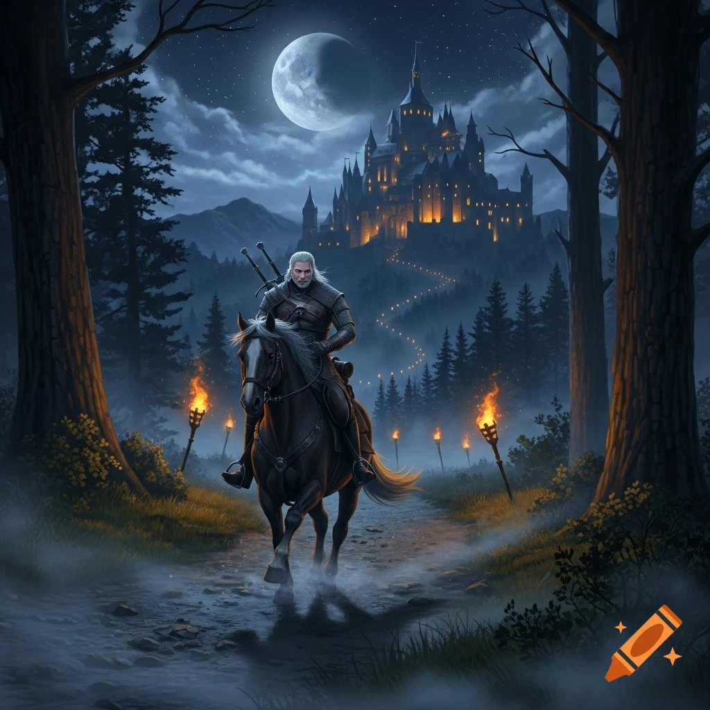Geralt of Rivia on his horse rides a torch-lit path toward a glowing castle under a full moon at night.